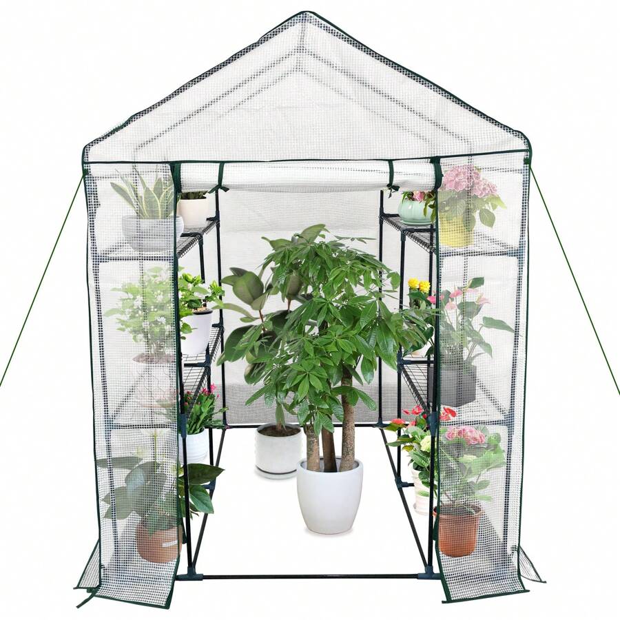Greenhouse For Outdoors,Portable Green House W/ Roll-Up Zippered Door Anchors & Ropes,Plant Garden Hot House W/ Shelves For Garden Patio Backyard - White 2 - View 1