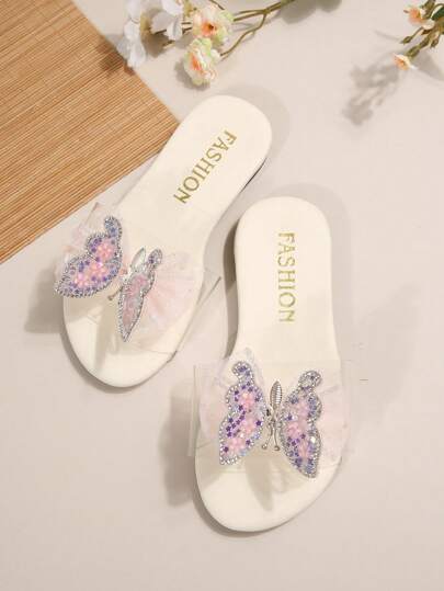 New Transparent Butterfly Decor White Slide Sandals, & Versatile Flat Slip-On Suitable For Parties And Daily Outfits, Suitable For Teenagers
