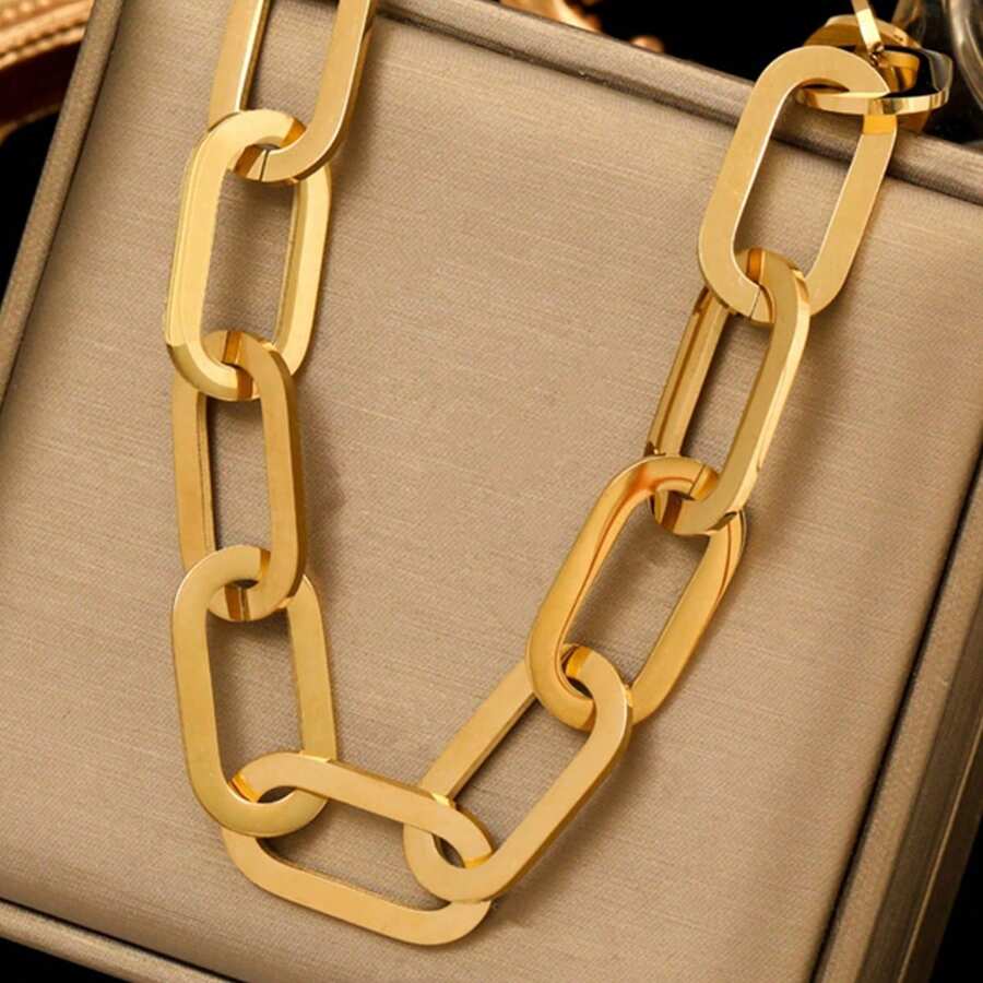 1pc Stainless Steel Gold Thick Linked Chain Necklace For Women, Fashion Punk Jewelry Gift, Suitable For Daily Wear