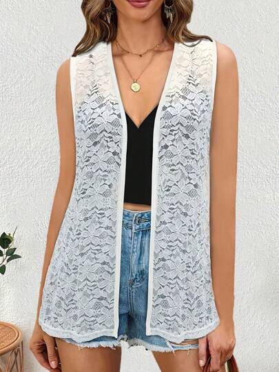 Yukiwi Women's Solid Color Casual Contrast Hollow Out Lace Sleeveless Vest Coat