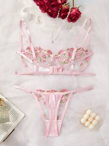 Women's Floral Embroidery Mesh Sexy Lingerie Set, Rave - Pink - View 3