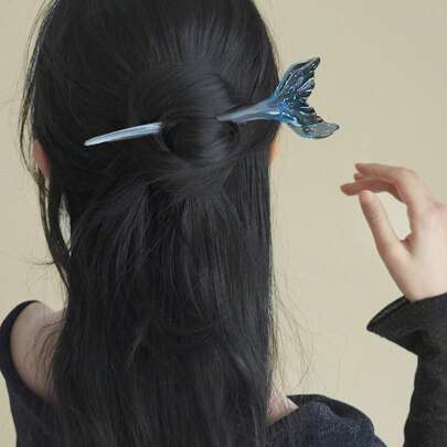 1个蓝色鱼尾发夹，优雅风格发卡，适合派对和日常使用，可作发髻、发髻器、发饰、发型发夹、学生用品、发饰、头部饰品