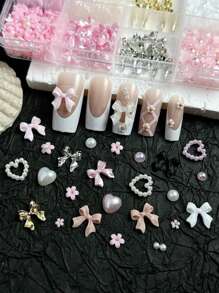 12-Compartment Box Mixed Resin Pearl Bow, Heart, Mini Floral Decor For DIY Nail Art Accessories, Versatile & Cute