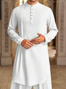 Mens Kaftan Thobe Cotton Linen Henley Shirt Long Sleeve Robe Casual Muslim Gown Kurta - 白色 - 查看 1