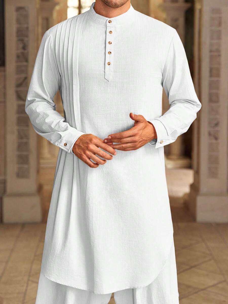 Mens Kaftan Thobe Cotton Linen Henley Shirt Long Sleeve Robe Casual Muslim Gown Kurta - 白色 - 查看 1