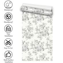 1 Roll French Retro Self-Adhesive Wallpaper - Floral Pattern, Waterproof, Removable And Reusable Sticker, Suitable For Bedroom, Living Room, Dining Room, TV Background, Home Decor, Cabinet, Bookshelf, Desk, Niche Furniture Renovation, Size 44*300/500/1000cm - Black and White - View 10