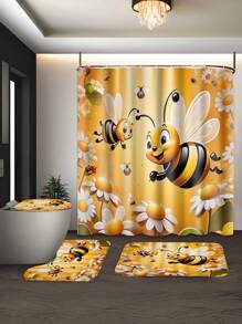 1-4 件套浴室套装包括可爱的蜜蜂和花朵印花浴帘、柔软法兰绒海绵浴室垫、防滑马桶 U 型垫、干湿分离浴室垫装饰