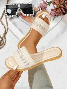 新款夏季女士水钻平底凉鞋，舒适休闲一脚蹬平底拖鞋，时尚户外凉鞋