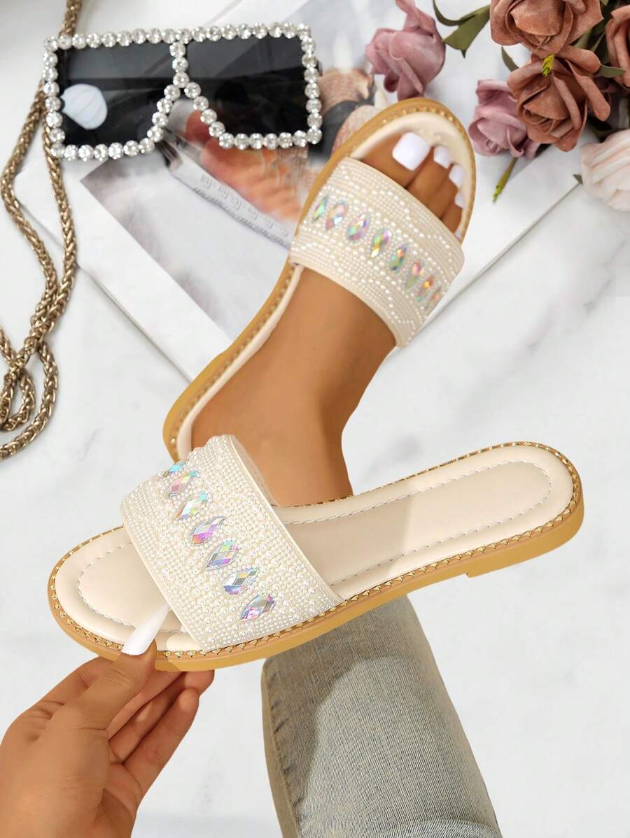 新款夏季女士水钻平底凉鞋，舒适休闲一脚蹬平底拖鞋，时尚户外凉鞋