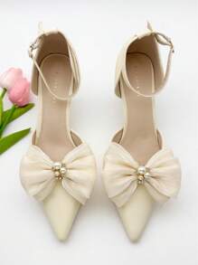 1 对女士优雅时尚鞋夹，杏色蝴蝶结珍珠水钻鞋夹，可拆卸 DIY 配件，适合休闲、派对和日常穿着 - 彩色 - 查看 2