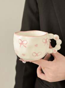 1pc Ceramic Beaded Bow Mug, Korean Ins Style Cute Lady Coffee Cup, Handpainted Heart & Bow Cup, High Quality Afternoon Tea Cup, Gift Back To School - Multicolor - View 13