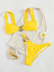 Nuovo bikini con decorazione in metallo a tinta unita, cinturino spesso, sexy schiena scoperta, costume da bagno alla moda estiva per donna, costume da bagno sexy a tinta unita con schiena scoperta