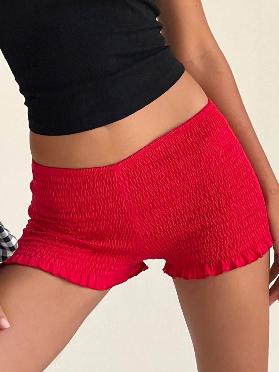 Women's Shirred Shorts Casual Elastic Waist Solid Color Ruffled Short Pants For Summer - Red - View 1
