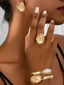 4pcs/Set Luxury Faux Pearl Fashion Jewelry Set: Bracelet, Ring, Earrings For Women, Suitable For Wedding,Party,Mother's Day Gifts