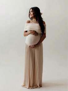 JustVH Maternity Off-Shoulder Party Dress Pleated Hem Women Baby Shower Maxi Gown