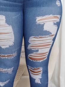 Plus Size Distressed Denim Effect Elastic Casual 3/4 Leggings Shorts