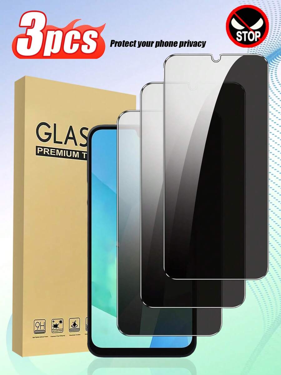 3 片隐私屏幕保护膜玻璃，防窥视防偷窥，兼容 Galaxy A14 5G/A15/A23/A34/A35/A54/S23 FE/A55/S24 FE/S25，防刮、防震、防水 - 黑色 - 查看 1