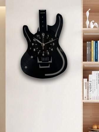 1件吉他手黑胶唱片墙钟静音节日礼物黑色音乐墙钟乐器艺术独特礼物男女吉他手生日墙饰秋季万圣节装饰摇滚乐爱好者。