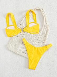 Nuovo bikini con decorazione in metallo a tinta unita, cinturino spesso, sexy schiena scoperta, costume da bagno alla moda estiva per donna, costume da bagno sexy a tinta unita con schiena scoperta