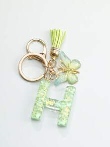 1 件创意绿色蝴蝶流苏钥匙扣带字母石树脂配件，女孩钥匙圈