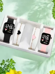 4 buc/Set - 2 buc ceasuri de desene animate cu inimă și cifre pătrate și 2 bucăți brățări în formă de inimă, Ziua Îndrăgostiților, Crăciun, Cadouri de absolvire, Cadouri pentru cupluri, Ceasuri pentru cuplu și set de brățări