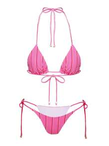 Women 2 Piece Bikini Set Floral/Striped Tie-Up Halter Neck Tops Low Rise Thongs Bathing Suits For Pool Beach