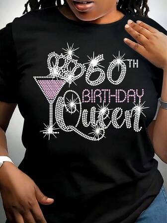 Women's Round Neck Short Sleeve Crown & Wine Glass Rhinestone Letter Graphic Casual T-Shirt, Daily Wear