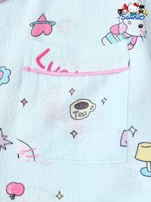 Set de 2 piezas de pijama para mujer de primavera/verano con parte superior de manga corta con botones y bolsillo con estampado de Hello Kitty de Sanrio y pantalones cortos con lazo, adecuado para uso en casa