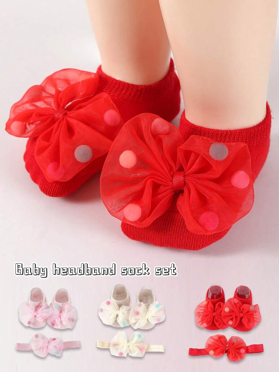 1 Pair Girls' Anti-Slip Crawler Socks With Bow Headband, Cute Warm Indoor Trampoline Socks, Suitable For Spring/Summer - Multicolor - View 1