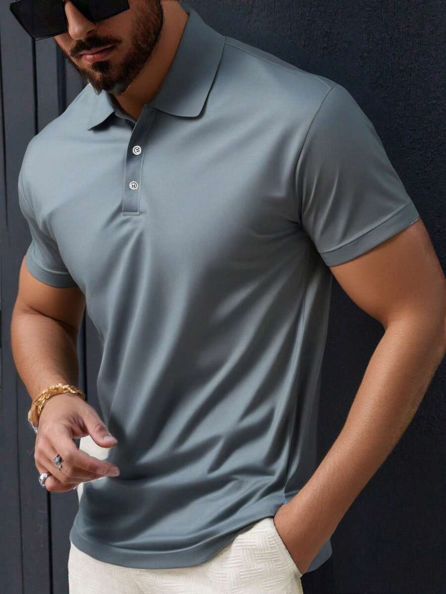 休闲 Polo 衫男士，Polo T 恤夏季高尔夫运动短袖上衣，适合日常休闲轻便商务穿着 - 灰色 - 查看 1