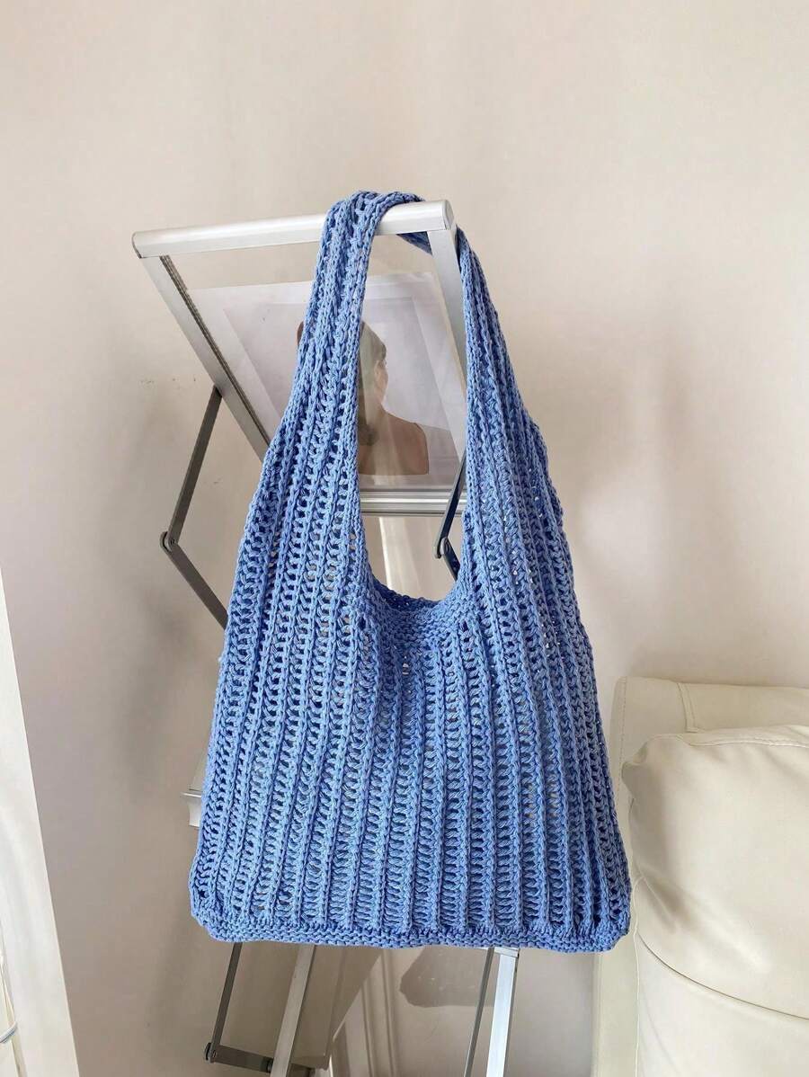 Ladies' Single Shoulder Square Tote Bag, Knitted Large Capacity Shopping Bag, Vacation Style Beach Simple Design For Outings. - Blue - View 1