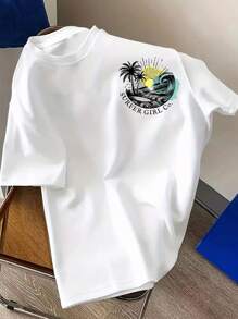 Teen Boys Leisure Outdoor Surfing Boy Slogan Coconut Sunset Pattern Pullover T-Shirt With Round Neck And Short Sleeve Is Suitable For Summer Vacation And Seaside Wear. - White - View 1