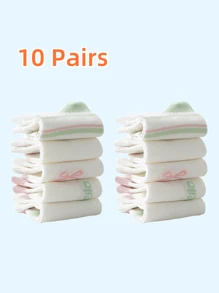 10 pares/5 pares Calcetines cortos para niñas y niños con diseños de dibujos animados, letras, rayas y moños en contraste con malla, transpirables y de secado rápido para el verano, la primavera, el otoño y actividades deportivas, regalos para niñas, niños, mamá y papá