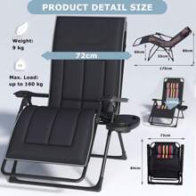 PERRTWDLF Lettino prendisole pieghevole, cuscino per lettino da giardino per 2 persone, lettino prendisole pieghevole, lettino da giardino, capacità di carico 160 kg, con portabicchieri (Nero 2)