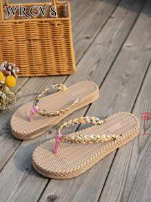 WRCVS 女士蓝色平底凉鞋，轻便舒适，度假一脚蹬拖鞋，透气仿绳鞋底，波西米亚风格沙滩鞋，泡沫底超轻 - 米色 - 查看 6