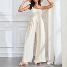 Women Wide Leg Overalls Sleeveless Jumpsuits Loose Solid Color Suspender Comfy Baggy Button Rompers With Pockets - Beige - View 6