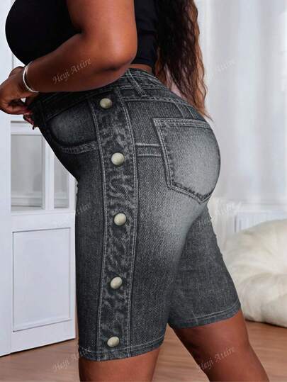 Plus Size Women's High Stretch Shorts, Denim Effect, Comfortable Casual Knitted Shorts Suitable For Outdoor Activities And Sports