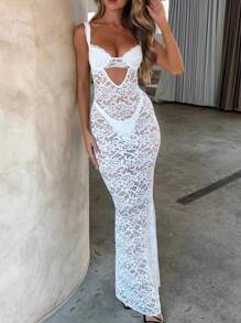 Women Summer Long Cami Dress Sleeveless Backless Sheer Lace Floral Hollow Out Party Dress