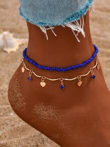 2pcs/Set Beach Vacation Style Pearl Beaded Chain Anklet (Random Blue Glass Rhinestone Quantity, Avoid Contact With Water) - Royal Blue - View 2