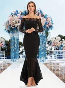 Women's Spring Summer Fantasy Sexy Elegant Off Shoulder Black Mermaid Maxi Long Wedding Dress Bridal Evening Dress Long Sleeve Cocktail Party Lace Dress
