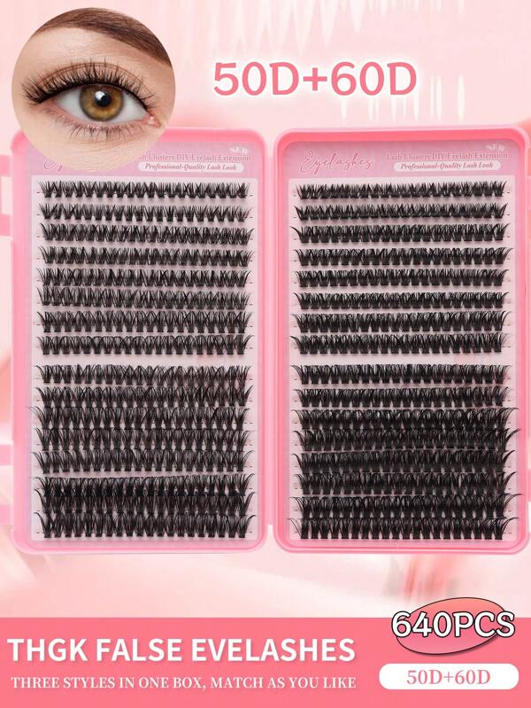640pcs Eyelash Clusters, D Curl, 50D+60D Curl, 8-16mm Length, DIY Eyelash Bundles With Natural Appearance, Super Thick, Intelligent, Super Soft, Super Light, Reusable Individual Segment False Eyelashes Extension Kit, Suitable For Beginners, Daily Life, Wedding, Date, Party, Music Festival, Halloween
