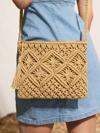 Bolso cruzado pequeño de paja trenzada para mujer, nuevo bolso de hombro de playa tejido a mano de , bolso de sobre cuadrado mini de moda, versátil y elegante bolso de playa para vacaciones