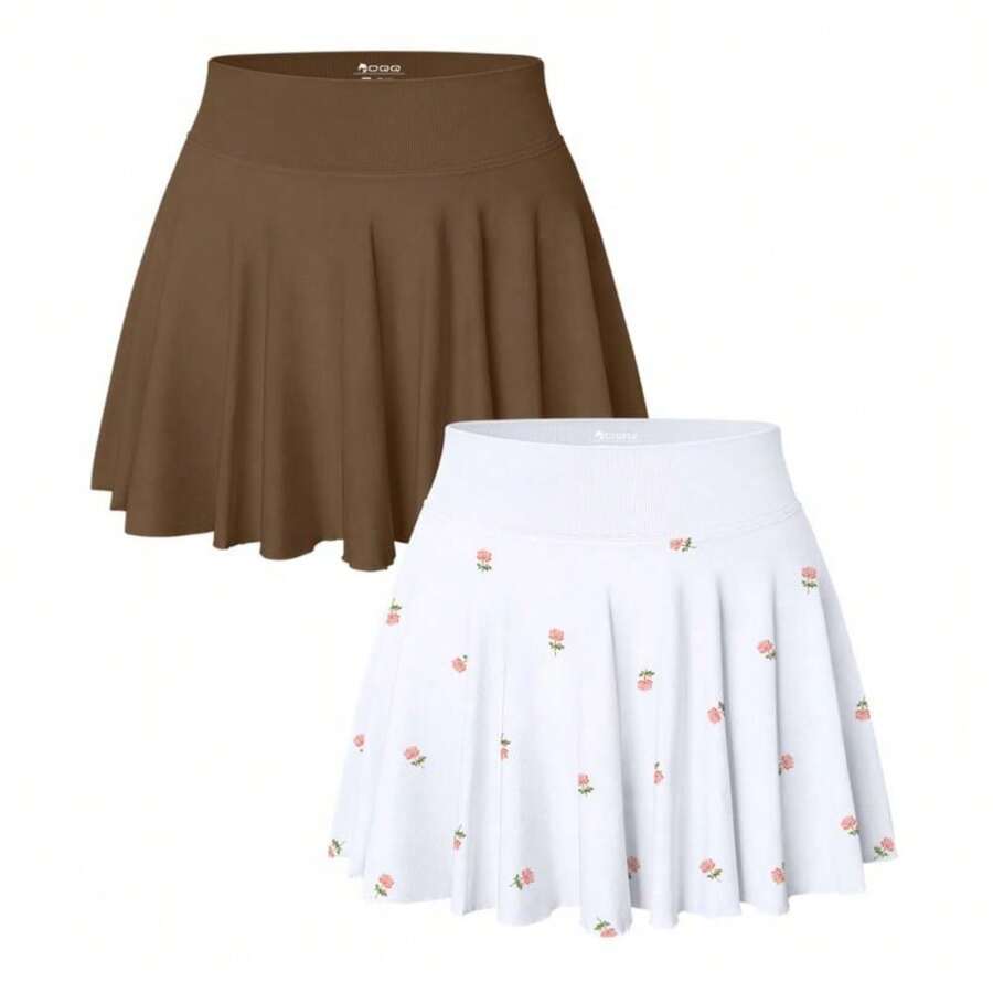 OQQ-Nine Cents Women 2 Piece Skirts 2 In 1 Flowy Cheeky Short Skirts Stretchy Flared Casual Mini Skirts Girl Bottom Womenswear Ladies