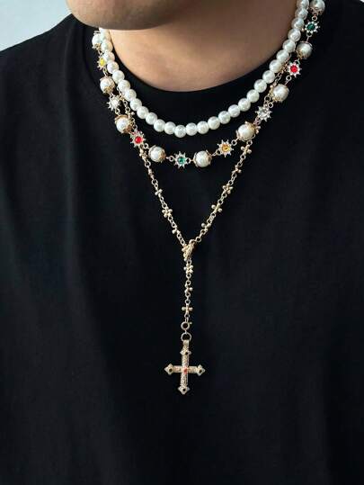 3 pezzi Set di collane vintage di lusso minimaliste con cristalli multicolore e perle finte, adatte per uomo per occasioni formali o come regalo per amici