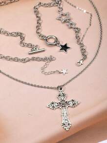 3pcs/Set Fashionable Ins Style Black Star Rhinestone, Comet, Cross Y2K Necklace Set For Women, Edgy Goth Cross Necklaces With Delicate Rhinestone Decor, Choker Design