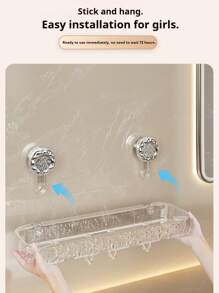 1pc Suction Cup Rectangular Bathroom Shelf, No-Drill Wall-Mounted Transparent Bathroom Organizer, Large Capacity With Hooks, Quick Drainage, Moisture-Proof, Ideal For Bathroom, Washbasin, Kitchen Storage Box Home Bathroom Decor Bathroom Accessories Bathroom Organizer Fall Decor Back To School