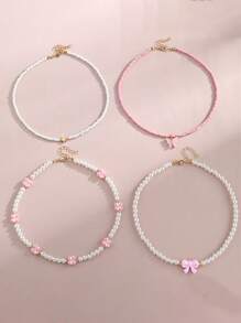 4pcs/Set Handmade Beaded Necklace Set For Women, Elegant Fashion Choker, Kawaii Party Flower Star Bow Pendant, Faux Pearl Bead, Minimalist Jewelry, Gift For Girlfriend
