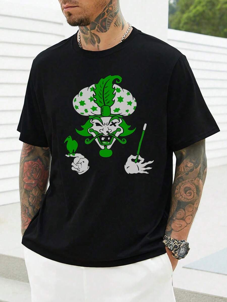 Men's Grimace Vegetable Fun Pattern Casual T-Shirt, 1 PC 220gsm Round Neck Casual Heavy Pure Cotton T-Shirt - 黑色 - 查看 1