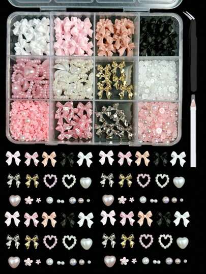12-Compartment Box Mixed Resin Pearl Bow, Heart, Mini Floral Decor For DIY Nail Art Accessories, Versatile & Cute
