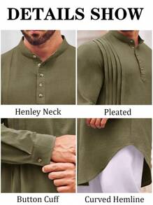 Mens Kaftan Thobe Cotton Linen Henley Shirt Long Sleeve Robe Casual Muslim Gown Kurta - 軍綠色 - 查看 4